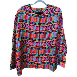 Corey B Blouse Women's 3X Pink Green Red Blue Silk Circular Diamond Button Up